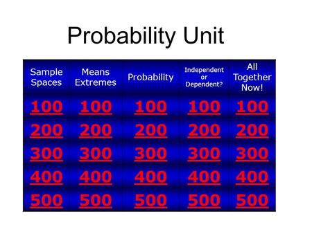 Probability Unit Sample Spaces Means Extremes Probability Independent or Dependent? All Together Now! 100 200 300 400 500.
