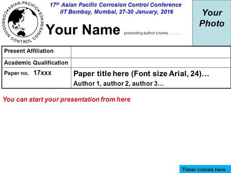 Your Photo Your Name presenting author’s name……….. Present Affiliation Academic Qualification Paper no. 17xxx Paper title here (Font size Arial, 24)… Author.