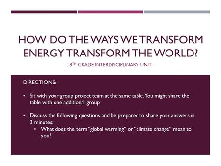 HOW DO THE WAYS WE TRANSFORM ENERGY TRANSFORM THE WORLD? 8 TH GRADE INTERDISCIPLINARY UNIT DIRECTIONS: Sit with your group project team at the same table.