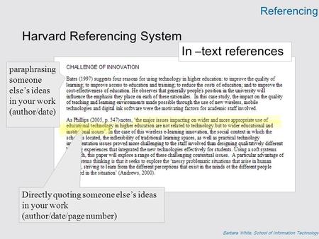 Barbara White, School of Information Technology Referencing Harvard Referencing System In –text references paraphrasing someone else’s ideas in your work.