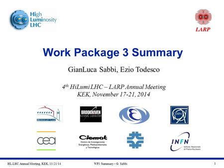 HL-LHC Annual Meeting, KEK, 11/21/14WP3 Summary – G. Sabbi 1 Work Package 3 Summary GianLuca Sabbi, Ezio Todesco 4 th HiLumi LHC – LARP Annual Meeting.