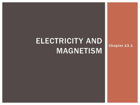 Chapter 13.1 ELECTRICITY AND MAGNETISM. Electric Charge  An electrical property of matter that creates a force between objects example: Touching a doorknob.