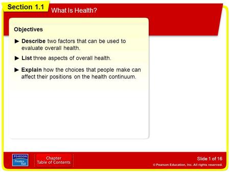 Section 1.1 What Is Health? Slide 1 of 16 Objectives Describe two factors that can be used to evaluate overall health. List three aspects of overall health.