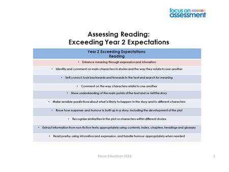 Focus Education 20141 Assessing Reading: Exceeding Year 2 Expectations Year 2 Exceeding Expectations: Reading Enhance meaning through expression and intonation.