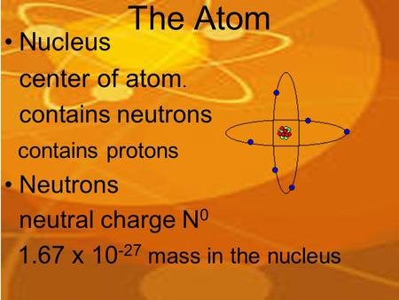 The Atom Nucleus center of atom. contains neutrons contains protons Neutrons neutral charge N 0 1.67 x 10 -27 mass in the nucleus.