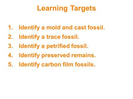 Learning Targets 1.Identify a mold and cast fossil. 2.Identify a trace fossil. 3.Identify a petrified fossil. 4.Identify preserved remains. 5.Identify.