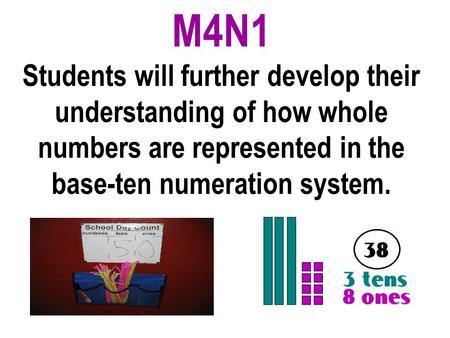 M4N1 Students will further develop their understanding of how whole numbers are represented in the base-ten numeration system.