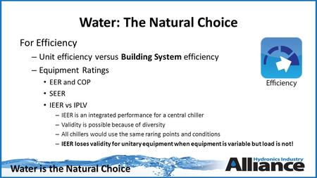 Water is the Natural Choice Water: The Natural Choice For Efficiency – Unit efficiency versus Building System efficiency – Equipment Ratings EER and COP.