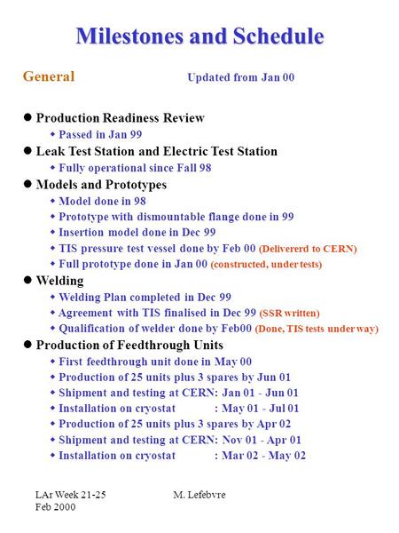 LAr Week 21-25 Feb 2000 M. Lefebvre Milestones and Schedule General Production Readiness Review  Passed in Jan 99 Leak Test Station and Electric Test.