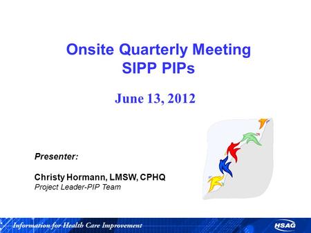 Onsite Quarterly Meeting SIPP PIPs June 13, 2012 Presenter: Christy Hormann, LMSW, CPHQ Project Leader-PIP Team.
