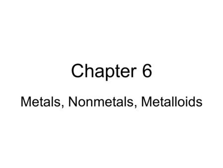 Chapter 6 Metals, Nonmetals, Metalloids. Metals and Nonmetals Li 3 He 2 C6C6 N7N7 O8O8 F9F9 Ne 10 Na 11 B5B5 Be 4 H1H1 Al 13 Si 14 P 15 S 16 Cl 17 Ar.
