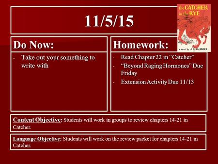 11/5/15 Do Now: - Take out your something to write with Homework: - Read Chapter 22 in “Catcher” - “Beyond Raging Hormones” Due Friday - Extension Activity.