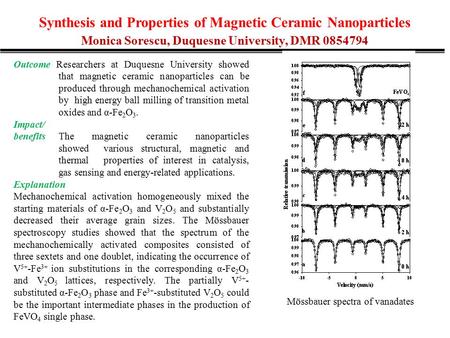 Synthesis and Properties of Magnetic Ceramic Nanoparticles Monica Sorescu, Duquesne University, DMR 0854794 Outcome Researchers at Duquesne University.