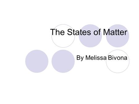 The States of Matter By Melissa Bivona What is matter? Material that makes up everything on Earth Very tiny particles called atoms make up matter. Compounds.