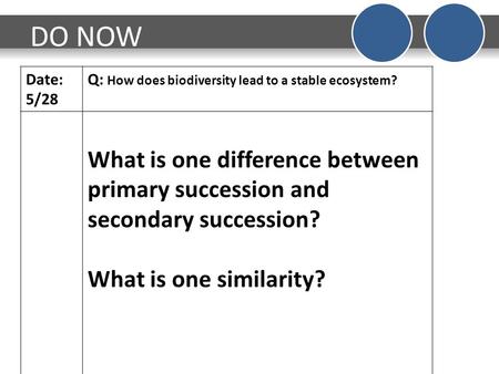 DO NOW Date: 5/28 Q: How does biodiversity lead to a stable ecosystem? What is one difference between primary succession and secondary succession? What.