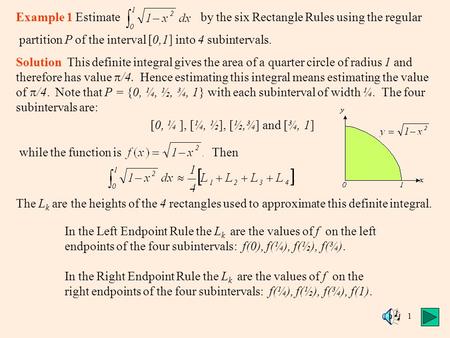 1 Example 1 Estimate by the six Rectangle Rules using the regular partition P of the interval [0,1] into 4 subintervals. Solution This definite integral.