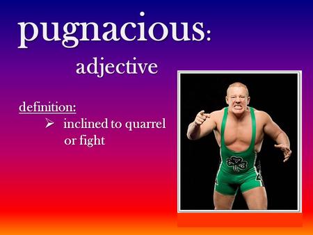 Pugnacious: adjective definition: inclined to quarrel or fight.