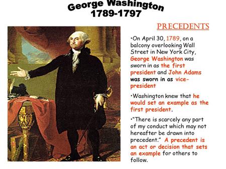 On April 30, 1789, on a balcony overlooking Wall Street in New York City, George Washington was sworn in as the first president and John Adams was sworn.