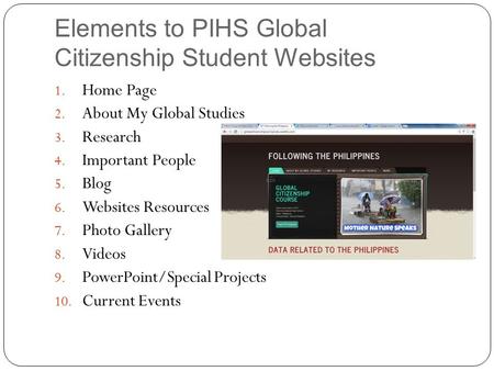 Elements to PIHS Global Citizenship Student Websites 1. Home Page 2. About My Global Studies 3. Research 4. Important People 5. Blog 6. Websites Resources.