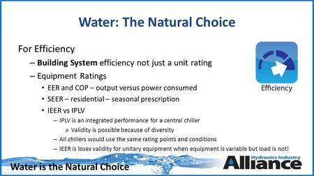 Water is the Natural Choice Water: The Natural Choice For Efficiency – Building System efficiency not just a unit rating – Equipment Ratings EER and COP.