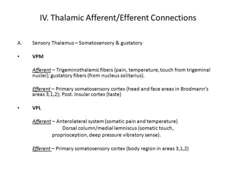 IV. Thalamic Afferent/Efferent Connections A.Sensory Thalamus – Somatosensory & gustatory VPM Afferent – Trigeminothalamic fibers (pain, temperature, touch.