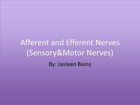 Afferent and Efferent Nerves (Sensory&Motor Nerves) By: Jasleen Bains.
