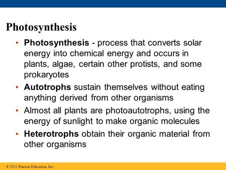 Photosynthesis Photosynthesis - process that converts solar energy into chemical energy and occurs in plants, algae, certain other protists, and some prokaryotes.