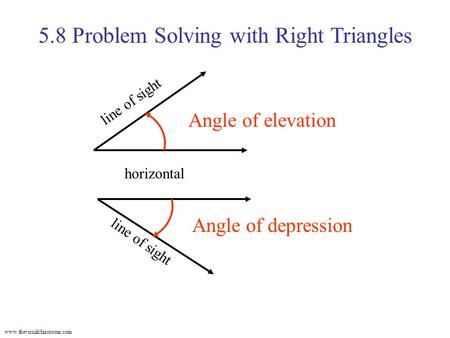 Www.thevisualclassroom.com 5.8 Problem Solving with Right Triangles Angle of elevation horizontal line of sight Angle of depression line of sight.