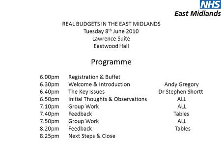 REAL BUDGETS IN THE EAST MIDLANDS Tuesday 8 th June 2010 Lawrence Suite Eastwood Hall Programme 6.00pm Registration & Buffet 6.30pm Welcome & Introduction.