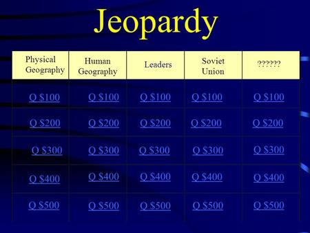 Jeopardy Physical Geography Human Geography Leaders Soviet Union ?????? Q $100 Q $200 Q $300 Q $400 Q $500 Q $100 Q $200 Q $300 Q $400 Q $500.