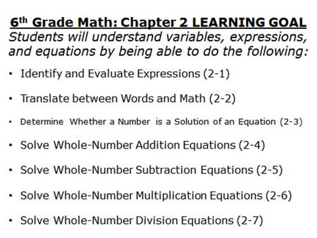 2-1 Variables and Expressions Course 1 6 th Grade Math HW: Page 50 #5-17 all.