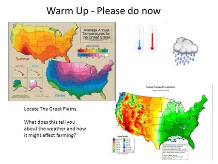 Warm Up - Please do now Locate The Great Plains. What does this tell you about the weather and how it might affect farming?
