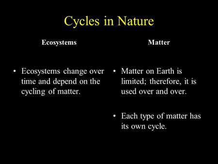 Cycles in Nature Ecosystems Ecosystems change over time and depend on the cycling of matter. Matter Matter on Earth is limited; therefore, it is used over.
