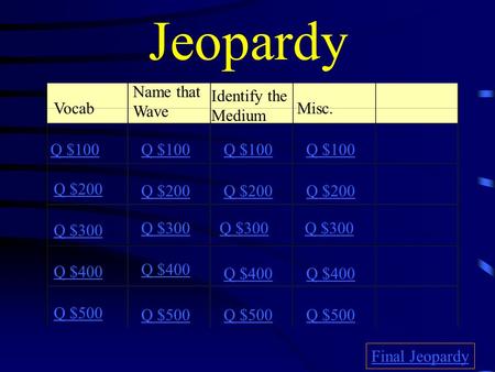 Jeopardy Vocab Name that Wave Identify the Medium Misc. Q $100 Q $200 Q $300 Q $400 Q $500 Q $100 Q $200 Q $300 Q $400 Q $500 Final Jeopardy.