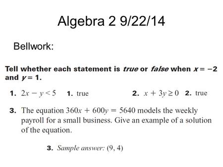 Algebra 2 9/22/14 Bellwork:. 2.8 – Graph Linear Inequalities in Two Variables A linear inequality in two variables can be written in one of these forms: