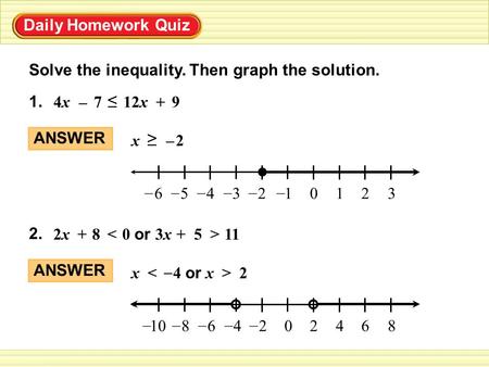 . Solve the inequality. Then graph the solution. 9 ≤ + – 4x 7 12x 1.