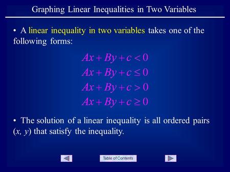 Table of Contents Graphing Linear Inequalities in Two Variables A linear inequality in two variables takes one of the following forms: The solution of.