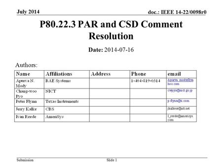 Submission doc.: IEEE 14-22/0098r0 July 2014 Slide 1 P80.22.3 PAR and CSD Comment Resolution Date: 2014-07-16 Authors: