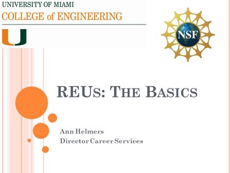 REU S : T HE B ASICS Ann Helmers Director Career Services.