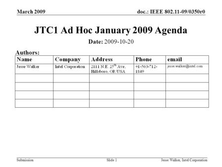Doc.: IEEE 802.11-09/0350r0 Submission March 2009 Jesse Walker, Intel CorporationSlide 1 JTC1 Ad Hoc January 2009 Agenda Date: 2009-10-20 Authors: