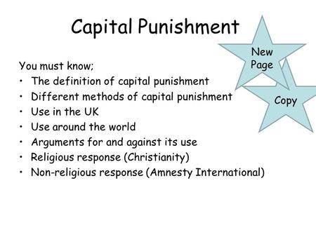 Capital Punishment You must know; The definition of capital punishment Different methods of capital punishment Use in the UK Use around the world Arguments.