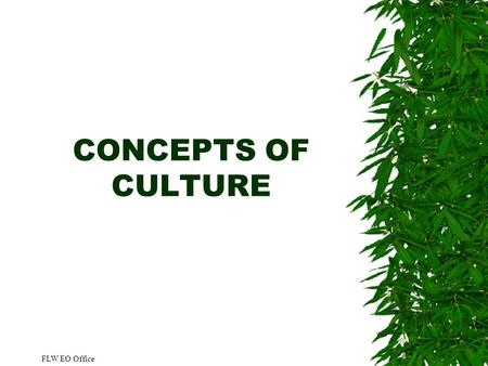 CONCEPTS OF CULTURE FLW EO Office. 2 Overview  Define culture, subculture, and enculturation  Discuss attributes and non-attributes of culture  Discuss.