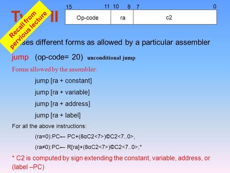 Jump (op-code= 20) unconditional jump Forms allowed by the assembler: jump [ra + constant] jump [ra + variable] jump [ra + address] jump [ra + label] For.