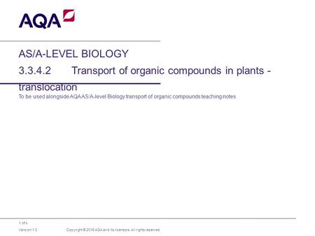 1 of x AS/A-LEVEL BIOLOGY 3.3.4.2 Transport of organic compounds in plants - translocation To be used alongside AQA AS/A-level Biology transport of organic.