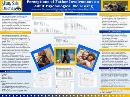 Perceptions of Father Involvement on Adult Psychological Well-Being Adult Psychological Well-Being Conducted by Olivia Lane and Shakeria Burney; Supervised.