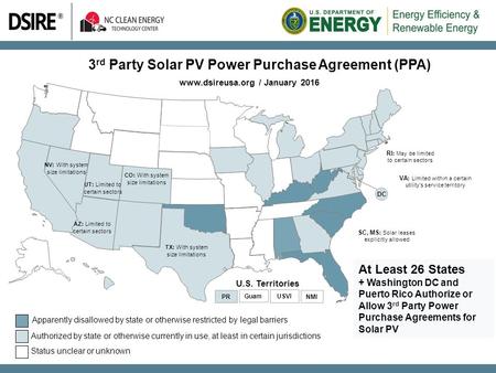 3 rd Party Solar PV Power Purchase Agreement (PPA) www.dsireusa.org / January 2016 At Least 26 States + Washington DC and Puerto Rico Authorize or Allow.
