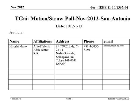 Submission doc.: IEEE 11-10/1367r01 Nov 2012 Hiroshi Mano (ATRD)Slide 1 TGai- Motion/Straw Poll-Nov-2012-San-Antonio Date: 1012-1-13 Authors:
