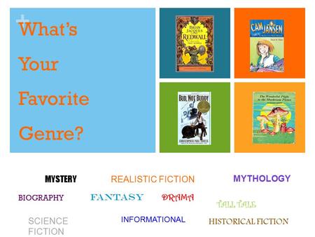 + What’s Your Favorite Genre? HISTORICAL FICTION FANTASY MYSTERY SCIENCE FICTION INFORMATIONAL MYTHOLOGY REALISTIC FICTION BIOGRAPHY DRAMA TALL TALE.