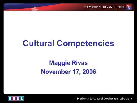 1 Cultural Competencies Maggie Rivas November 17, 2006.