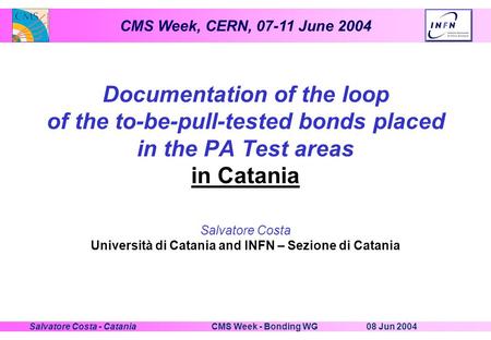 CMS Week, CERN, 07-11 June 2004 08 Jun 2004CMS Week - Bonding WGSalvatore Costa - Catania Documentation of the loop of the to-be-pull-tested bonds placed.